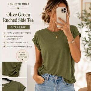 Kenneth Cole Olive Green Ruched Side Tee Short Sleeve Top Casual large